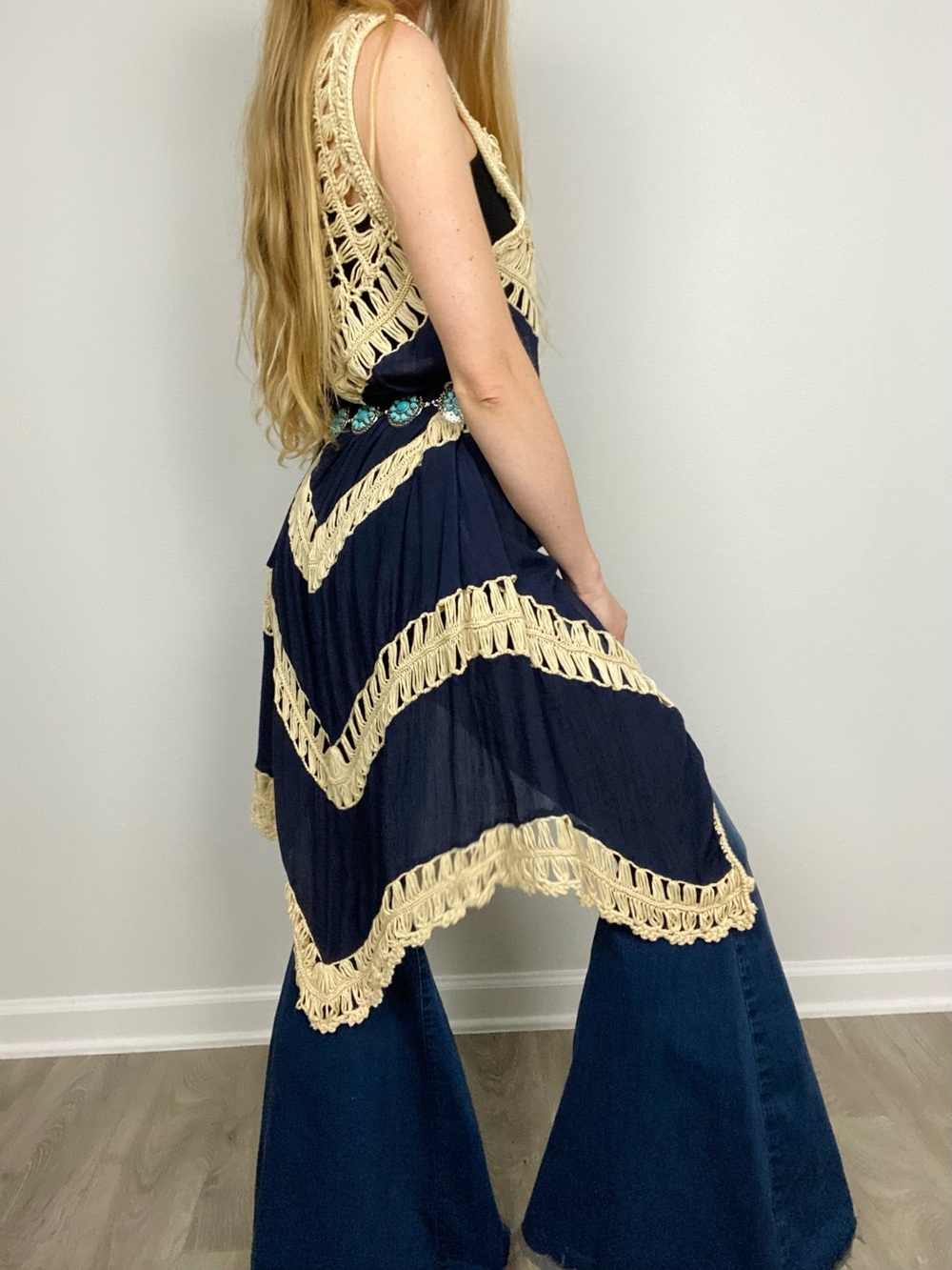 Umgee Navy Blue Cream Boho Crochet Macrame Long Duster Vest Flowy Festival Throw